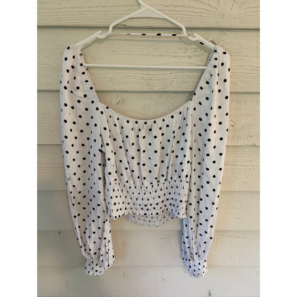 AFRM White & Black Polka Dot Smocked Crop Top Long Sleeve Blouse Large - Picture 8 of 8